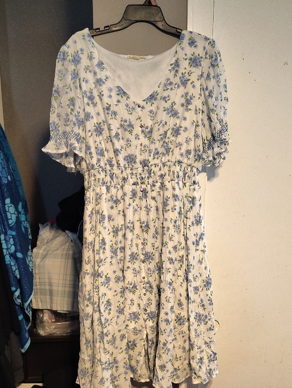 Light Blue Floral Midi Dress with Smocked Waist